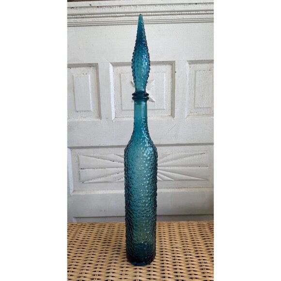 Vintage MCM Empoli Italy Glass Bottle Decanter Turquoise Blue Hobnail Bubble 22" - Picture 13 of 16